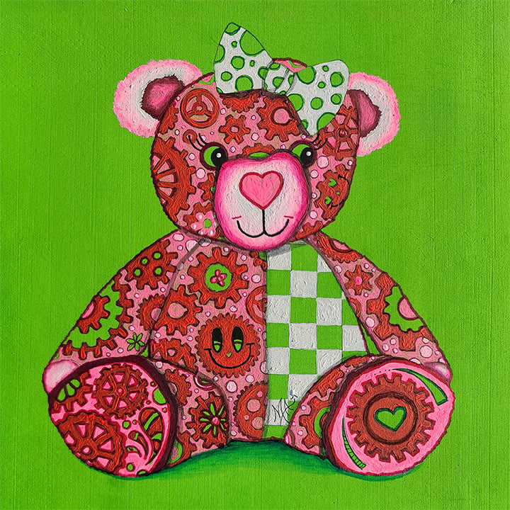 Meet "Lovey," the newest member of the GEAR BEAR family in the Doodle Gears collection! Lovey is a heartwarming bear painted in soft pinks, greens, & whites, covered in gears that turn together to symbolize love and hope. Just like the gears of life keep us moving forward, Lovey reminds us that love is the powerful force that makes the world go round. 

Whether you're searching for a little extra love or want to spread joy, Lovey is here to inspire &  uplift. Original Teddy Bear Nursery Pop Art Painting