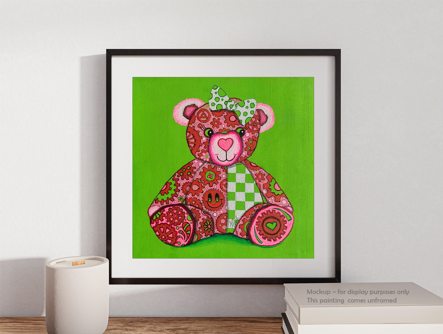 Meet "Lovey," the newest member of the GEAR BEAR family in the Doodle Gears collection! Lovey is a heartwarming bear painted in soft pinks, greens, & whites, covered in gears that turn together to symbolize love and hope. Just like the gears of life keep us moving forward, Lovey reminds us that love is the powerful force that makes the world go round. 

Whether you're searching for a little extra love or want to spread joy, Lovey is here to inspire &  uplift. Original Teddy Bear Nursery Pop Art Painting