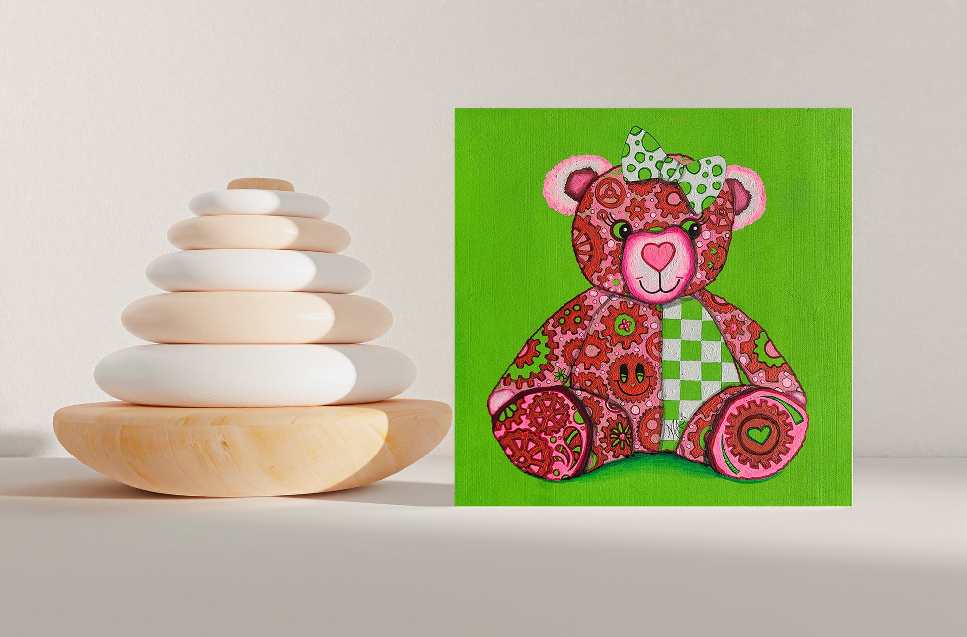 Meet "Lovey," the newest member of the GEAR BEAR family in the Doodle Gears collection! Lovey is a heartwarming bear painted in soft pinks, greens, & whites, covered in gears that turn together to symbolize love and hope. Just like the gears of life keep us moving forward, Lovey reminds us that love is the powerful force that makes the world go round. 

Whether you're searching for a little extra love or want to spread joy, Lovey is here to inspire &  uplift. Original Teddy Bear Nursery Pop Art Painting