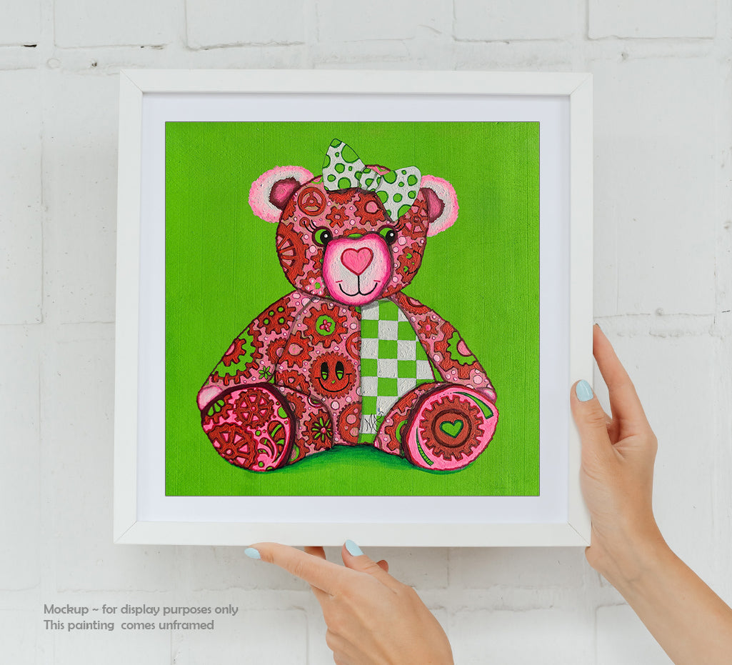 Meet "Lovey," the newest member of the GEAR BEAR family in the Doodle Gears collection! Lovey is a heartwarming bear painted in soft pinks, greens, & whites, covered in gears that turn together to symbolize love and hope. Just like the gears of life keep us moving forward, Lovey reminds us that love is the powerful force that makes the world go round. 

Whether you're searching for a little extra love or want to spread joy, Lovey is here to inspire &  uplift. Original Teddy Bear Nursery Pop Art Painting