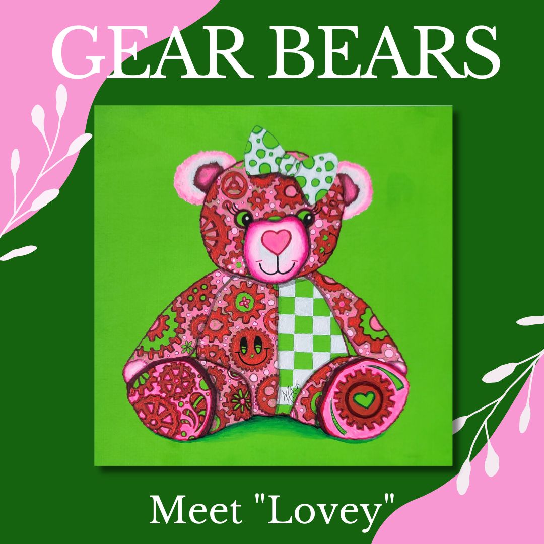 Meet "Lovey," the newest member of the GEAR BEAR family in the Doodle Gears collection! Lovey is a heartwarming bear painted in soft pinks, greens, & whites, covered in gears that turn together to symbolize love and hope. Just like the gears of life keep us moving forward, Lovey reminds us that love is the powerful force that makes the world go round. 

Whether you're searching for a little extra love or want to spread joy, Lovey is here to inspire &  uplift. Original Teddy Bear Nursery Pop Art Painting