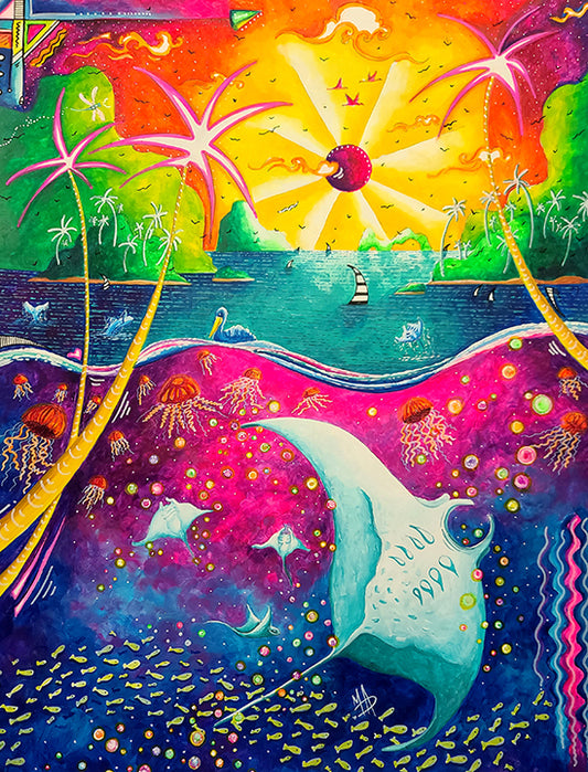 "Dance of the Sea" Original Whimsical Tropical Manta Ray Painting